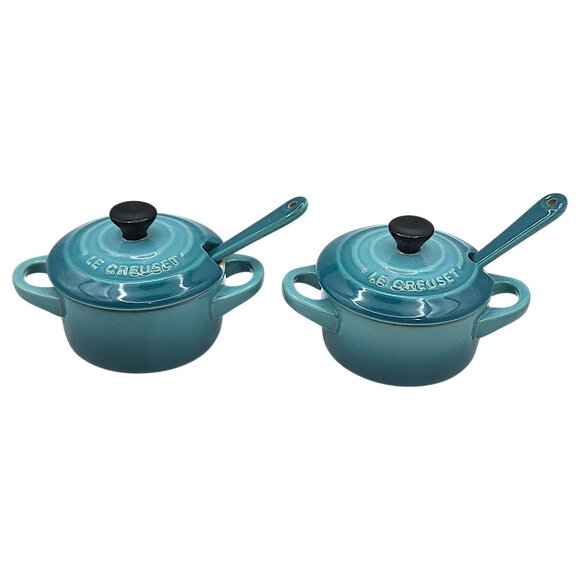 Le Creuset Other - Le Creuset Set of 2 Mini Condiment Pots Caribbean Turquoise With Spoons 3 oz
